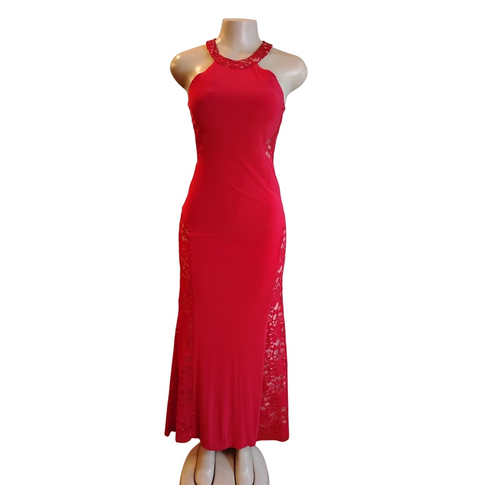 Morgan & Co Red Lace Sequin Halter Maxi Dress Formal Gown Size 1/2